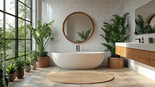 Modern bathroom with freestanding bathtub, plants, and natural light.