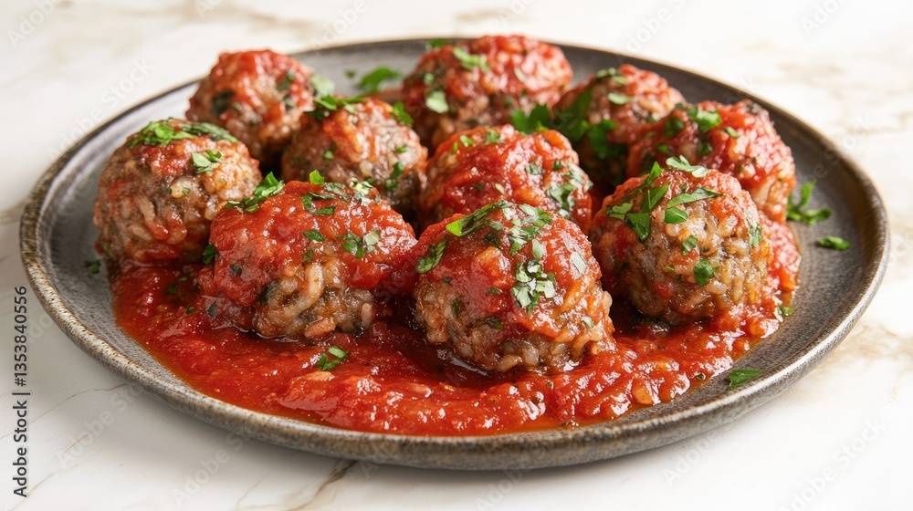 Fototapeta premium Savory Meatballs in Rich Tomato Sauce Garnished with Fresh Herbs