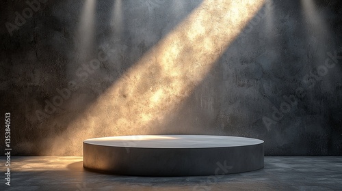 Illuminated concrete pedestal against textured wall.