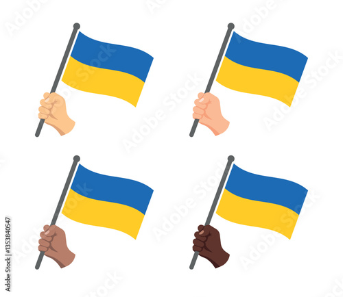 Ukrainian flag in hand icons set, national flag of Ukraine symbols