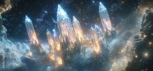 Celestial crystalline formations amidst cosmic clouds, a surreal ethereal landscape