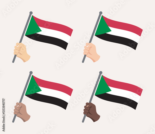 Sudan flag in hand icon set, flag of the Republic of the Sudan symbols
