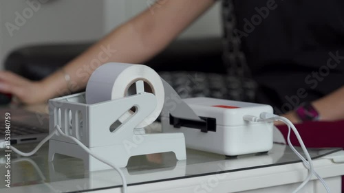 Woman using a white label printer to print barcode labels in a home office environment.