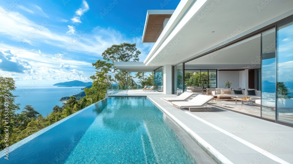 Fototapeta premium Opulent modern villa with a panoramic infinity pool blending nature and luxury