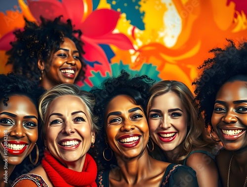 A celebratory scene featuring diverse women with varying skin tones and unique facial features, their happiness radiant in their expressions. The backdrop is an abstract, dynamic composition of vibran photo