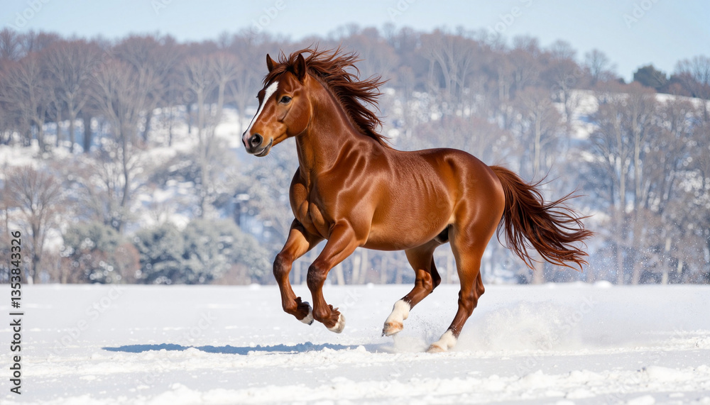 Obraz premium Majestic horse running joyfully in a snowy landscape 