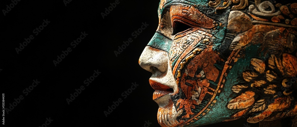 Mexican ceremonial mask displayed in profile against minimalist backdrop Mexican ceremonial mask displayed in profile against minimalist backdrop