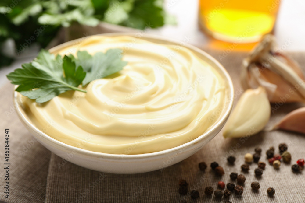Delicious mayonnaise sauce with parsley in bowl on table, closeup Delicious mayonnaise sauce with parsley in bowl on table, closeup