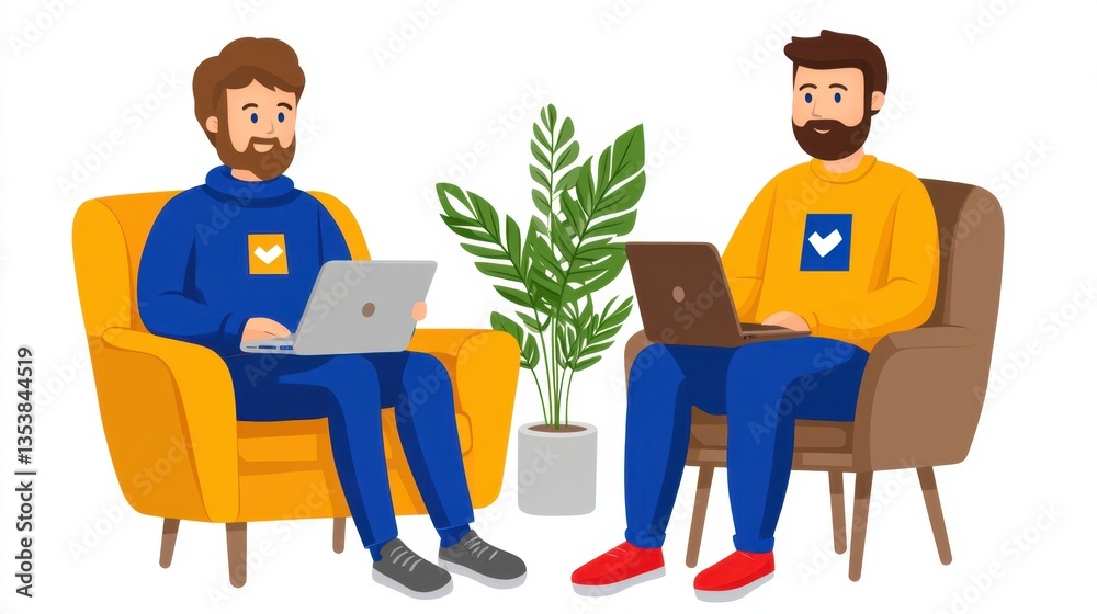 Two bearded men sit in yellow armchairs, using laptops. A potted plant is between them. Pixel art style illustration. Two bearded men sit in yellow armchairs, using laptops. A potted plant is between them. Pixel art style illustration.