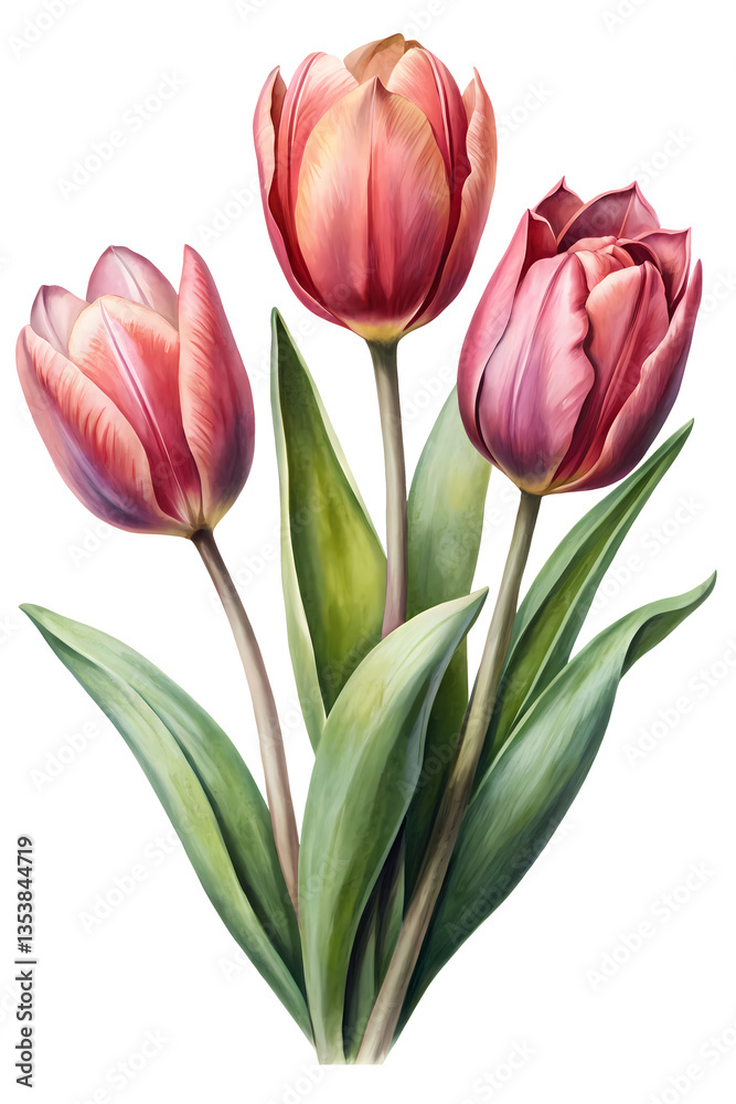 Fototapeta premium Three Pink Tulips Watercolor Botanical Illustration Spring Flowers