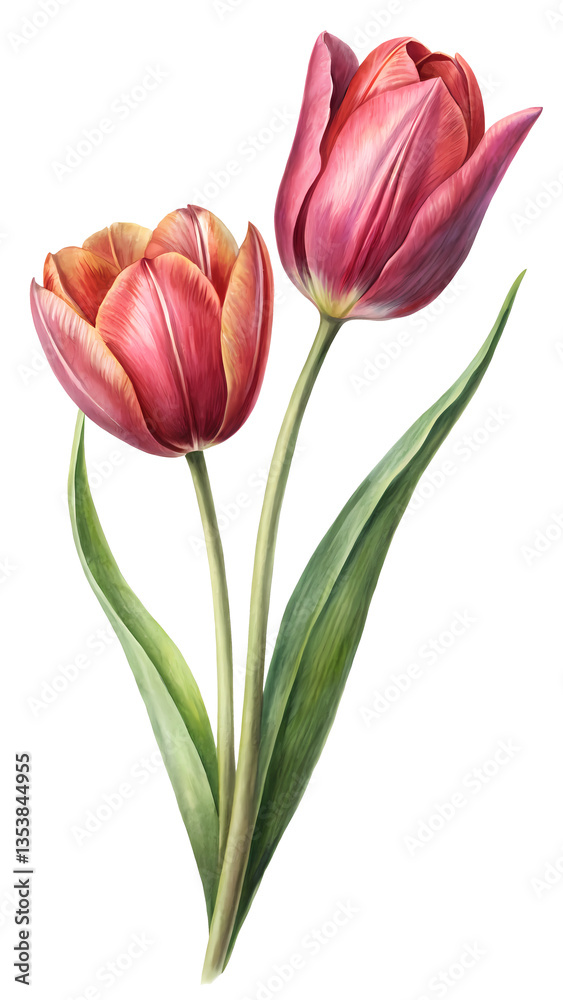 Watercolor painting of two beautiful red tulips with green leaves on a white background Watercolor painting of two beautiful red tulips with green leaves on a white background
