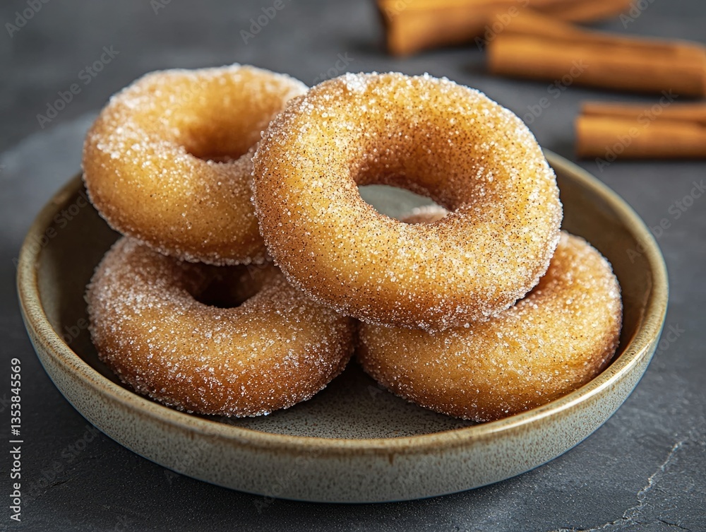 A close-up shot of a stack of sugared donuts in a bowl, along with cinnamon sticks in the background, tempting viewers with the fresh and tasty baked goods A close-up shot of a stack of sugared donuts in a bowl, along with cinnamon sticks in the background, tempting viewers with the fresh and tasty baked goods