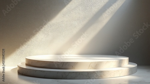 Minimalist marble podium with sunlight.