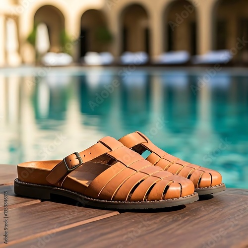  Leather sandals resting by the poolside of a luxury hotel.