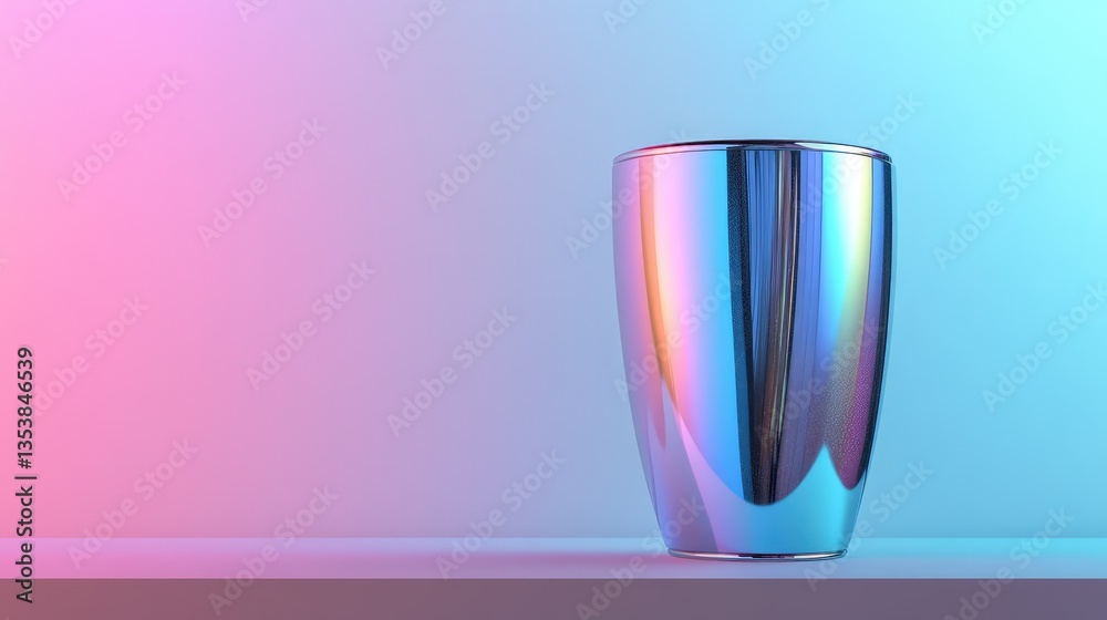 A sleek modern tumbler with a holographic finish, placed on a neutral surface. Trendy and futuristic with copy space. A sleek modern tumbler with a holographic finish, placed on a neutral surface. Trendy and futuristic with copy space.