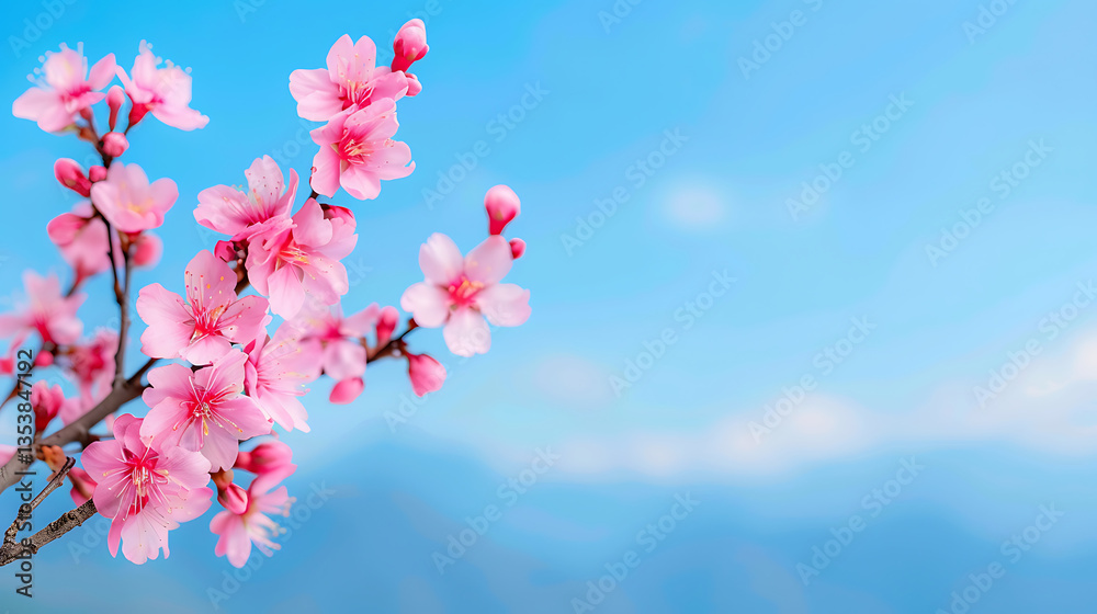 Blossoming Pink Cherry Tree Branch with Blue Sky Background Spring Season Floral Still Life Artwork Blossoming Pink Cherry Tree Branch with Blue Sky Background Spring Season Floral Still Life Artwork