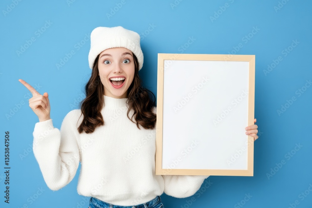 A cheerful woman in winter clothes presents a blank frame A cheerful woman in winter clothes presents a blank frame