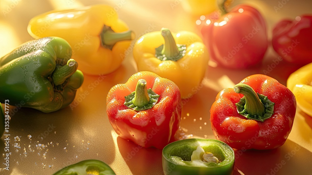 Colorful Fresh Bell Peppers on Table with Soft Natural Light Colorful Fresh Bell Peppers on Table with Soft Natural Light