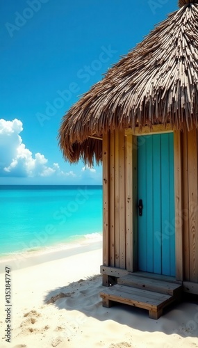 Quaint thatched beach hut, weathered wood, vibrant blue sea , summer house, sand
