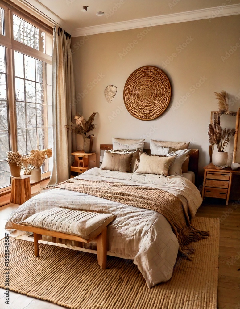 Fototapeta premium A Japandi-inspired bed setup with taupe and sandy beige bedding, accented with warm wood deco