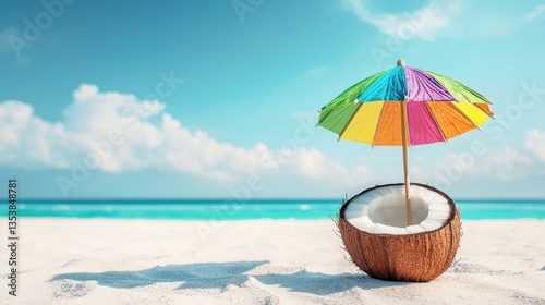 Wallpaper Mural Tropical delight coconut on sandy beach under a vibrant sky Torontodigital.ca