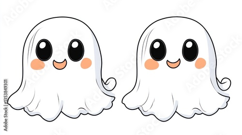 Two cute cartoon ghosts, Halloween, white background, children's illustration