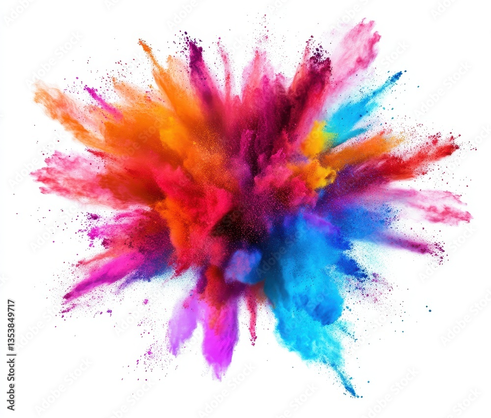 Vibrant Explosion of Multicolored Powder in Air, Creating Abstract Art and Festive Atmosphere, Isolated on White Background Vibrant Explosion of Multicolored Powder in Air, Creating Abstract Art and Festive Atmosphere, Isolated on White Background