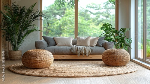 Modern living room with sofa, plants, and jute rug.