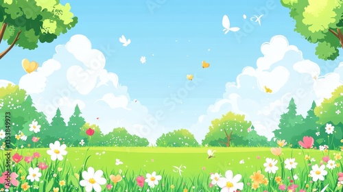 Spring meadow landscape with trees and flowers. Background of flying butterflies. Possible use as a backdrop for kids' activities