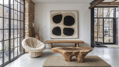 Minimalist living room with large artwork, wood coffee table, and cream chair.