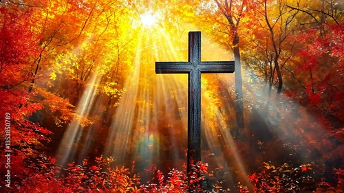 Wooden Cross in Autumn Forest Sunlight