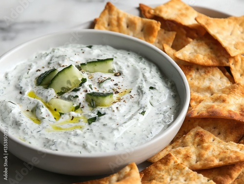 A bowl of delicious tzatziki dip with crispy pita chips. The dip is garnished with cucumber and herbs