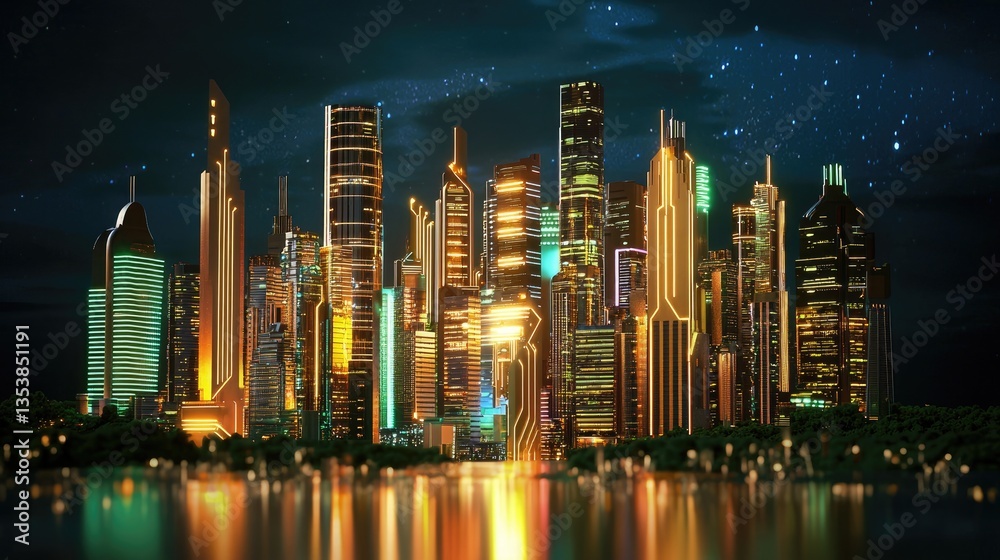 Neon-lit electronic circuit pattern forming an abstract futuristic cityscape of technology. Neon-lit electronic circuit pattern forming an abstract futuristic cityscape of technology.