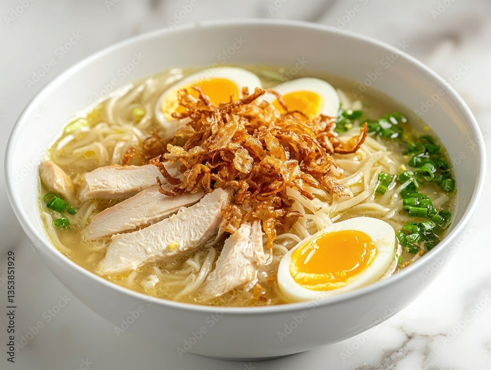 Delicious ramen with boiled eggs and shredded chicken served in a bowl. The dish is garnished with fried onion Delicious ramen with boiled eggs and shredded chicken served in a bowl. The dish is garnished with fried onion