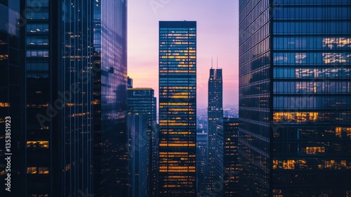 Metropolitan Majesty: An Evening Panorama of Towering Skyscrapers in a Cityscape