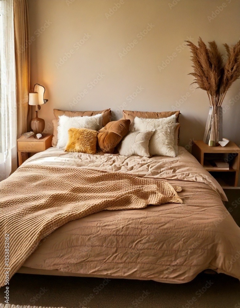Obraz premium A soft, layered bed with taupe sheets, sandy beige cushions, and cocoa-colored accent pillow