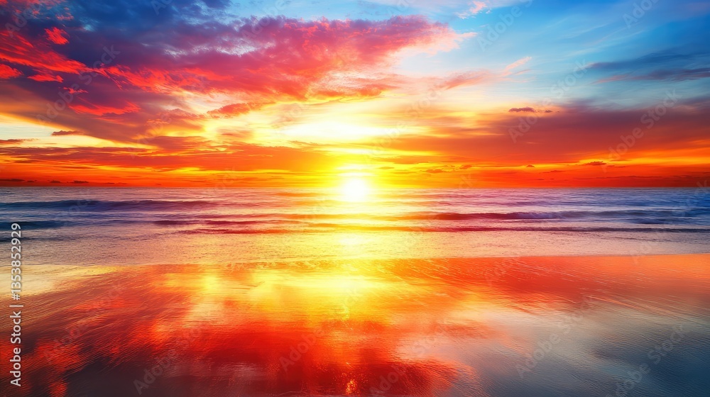 A vibrant sunset reflecting on the ocean with a glowing light and ample space for text in the sky. A vibrant sunset reflecting on the ocean with a glowing light and ample space for text in the sky.