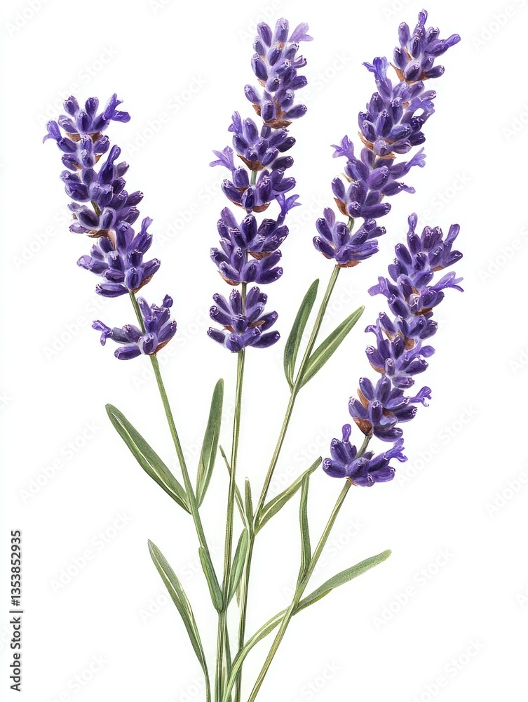 Fototapeta premium Delicate purple lavender flowers are arranged on a white background gracefully