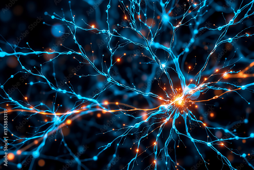 Fototapeta premium Abstract glowing network of blue and orange lines branching like neurons. Interconnected, dynamic and vibrant energy flow visual representation.