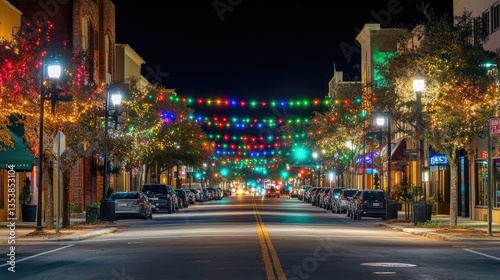 A view of a dark street with glowing streetlights and colorful lights in the distance, with ample copy space above.