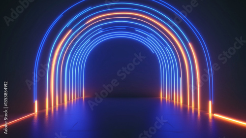 Futuristic neon archway with blue and orange glowing lights, sci-fi cyberpunk gateway for virtual reality, gaming, and tech art