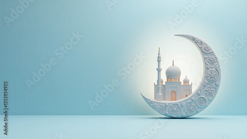 islamic background with crescent moon and mosque, for ramadan kareem, iftar, miraj, eid al fitr, eid al adha with copy space, festive invitation