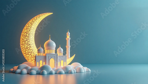 islamic background with crescent moon and mosque, for ramadan kareem, iftar, miraj, eid al fitr, eid al adha with copy space, festive invitation