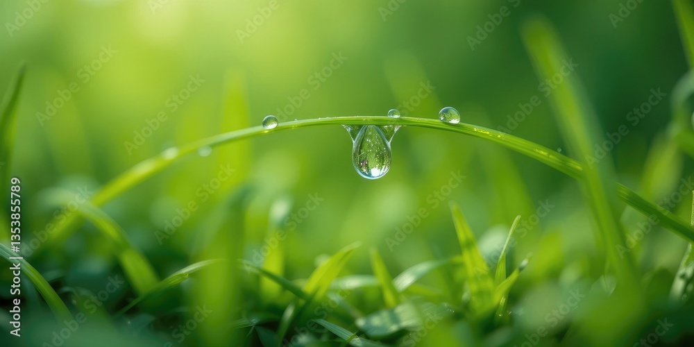 Dew Drop on Grass Blade Sparkling in Morning Light Macro Shot Dew Drop on Grass Blade Sparkling in Morning Light Macro Shot