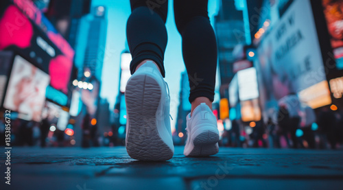 Close-up of the sole and feet in white running shoes walking on a street, with city lights and a billboard in the background in the evening light of Times Square, New York