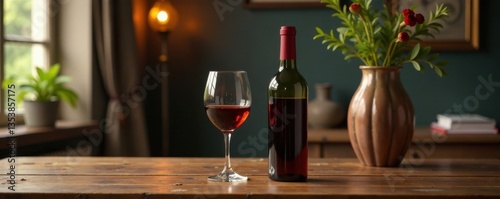 Classic wine bottle and glass on a decorative table , table, antique