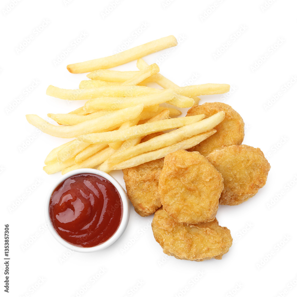 Naklejka premium Tasty chicken nuggets and french fries with sauce isolated on white, top view