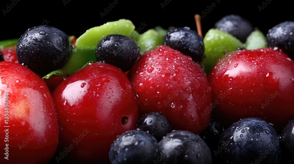 Close-up of fresh, vibrant berries and cherries. Juicy, colorful fruits covered in water droplets Close-up of fresh, vibrant berries and cherries. Juicy, colorful fruits covered in water droplets
