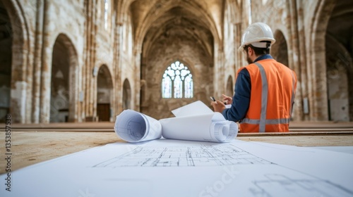 Restoration of ancient churches Concept, Architects Discuss Blueprints in Beautiful Nave of Historical Church under Construction