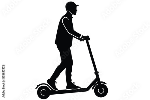 man riding an electric scooter silhouette on a white background